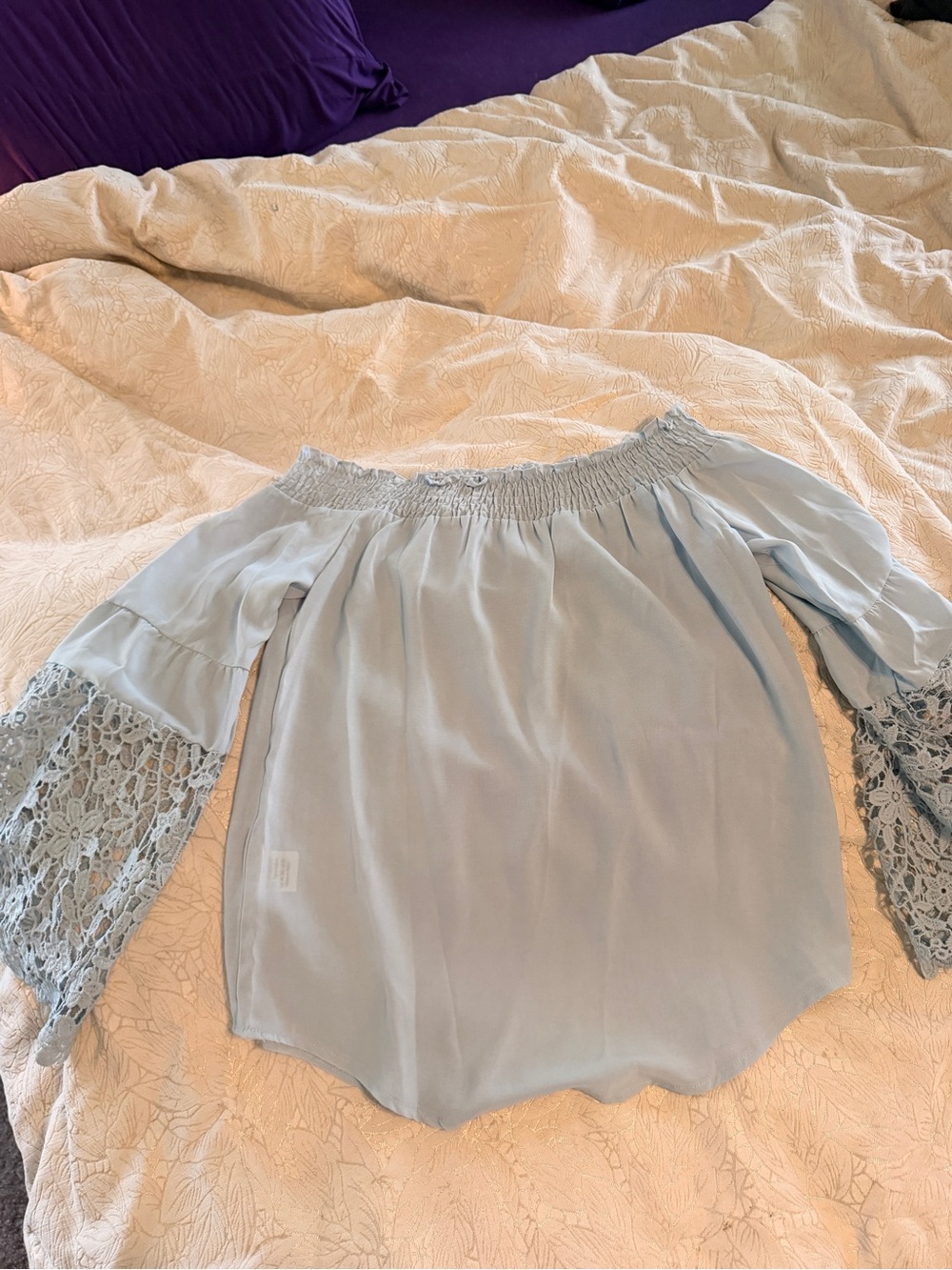 Light Blue Off-Shoulder Lace Sleeve Women's Top